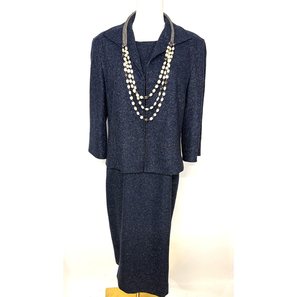 Lafayette 148 New York Navy Wool Silk Metallic Dress Suit Set Dress Jacket 10